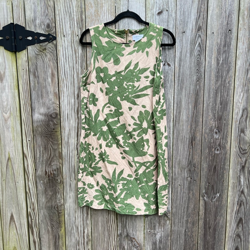 CARMEN MARC VALVO Linen Blend Modern Floral Sleeveless Shift Dress Women’s 8